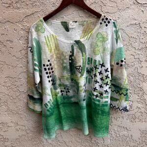Et’ Lois Art To Wear Green Abstract Print Top 100% Cotton Made In USA XL
